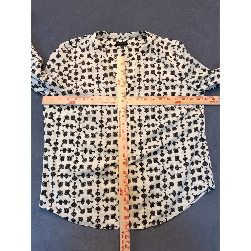 Talbots Cream "key" Print Tunic V-Neck Henley Womens Med Cream/Black Flowy - Picture 2 of 6